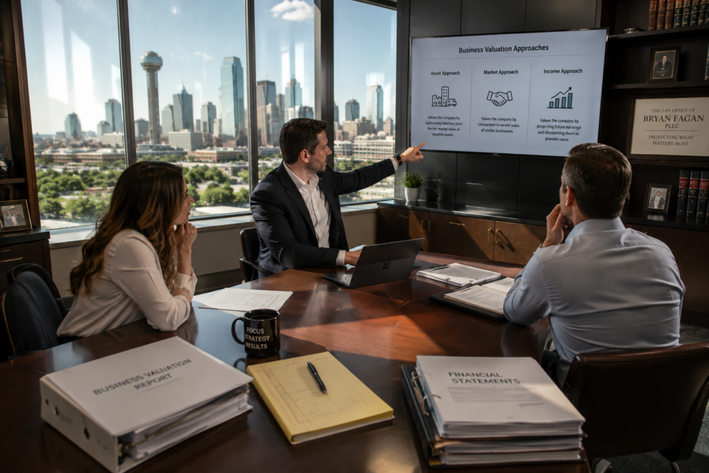 Dallas business owner and legal team reviewing business valuation methods on screen during divorce case consultation
