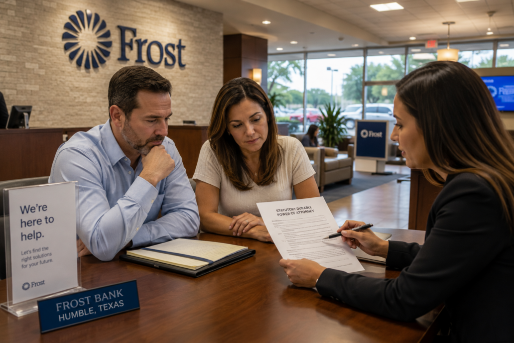Couple meeting with a financial professional inside a Frost Bank branch in Humble, Texas while reviewing a statutory durable power of attorney document during incapacity planning discussions.