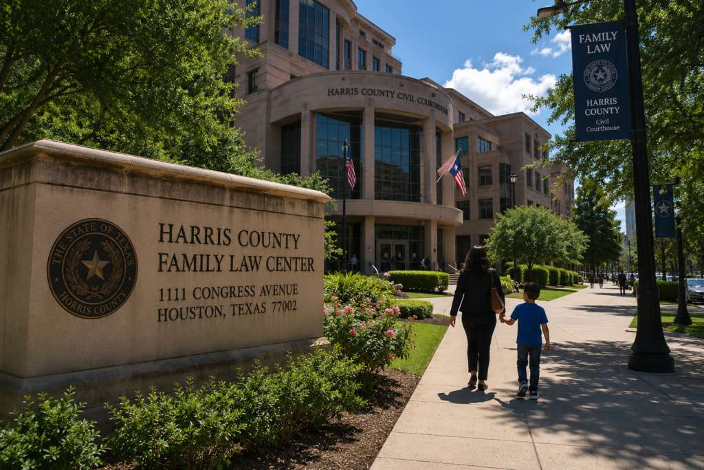 Parent and child walking toward the Harris County Family Law Center in Houston, Texas, where CPS and child custody cases are often heard.