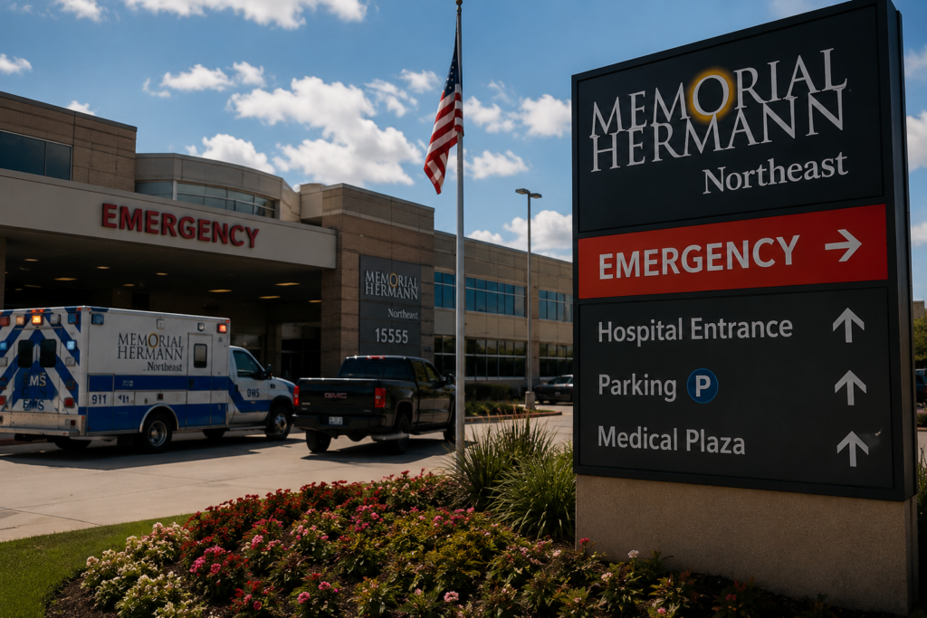 Memorial Hermann Northeast hospital entrance in Humble Texas with emergency signage, ambulance, and summer daytime setting representing incapacity planning and family legal emergencies.