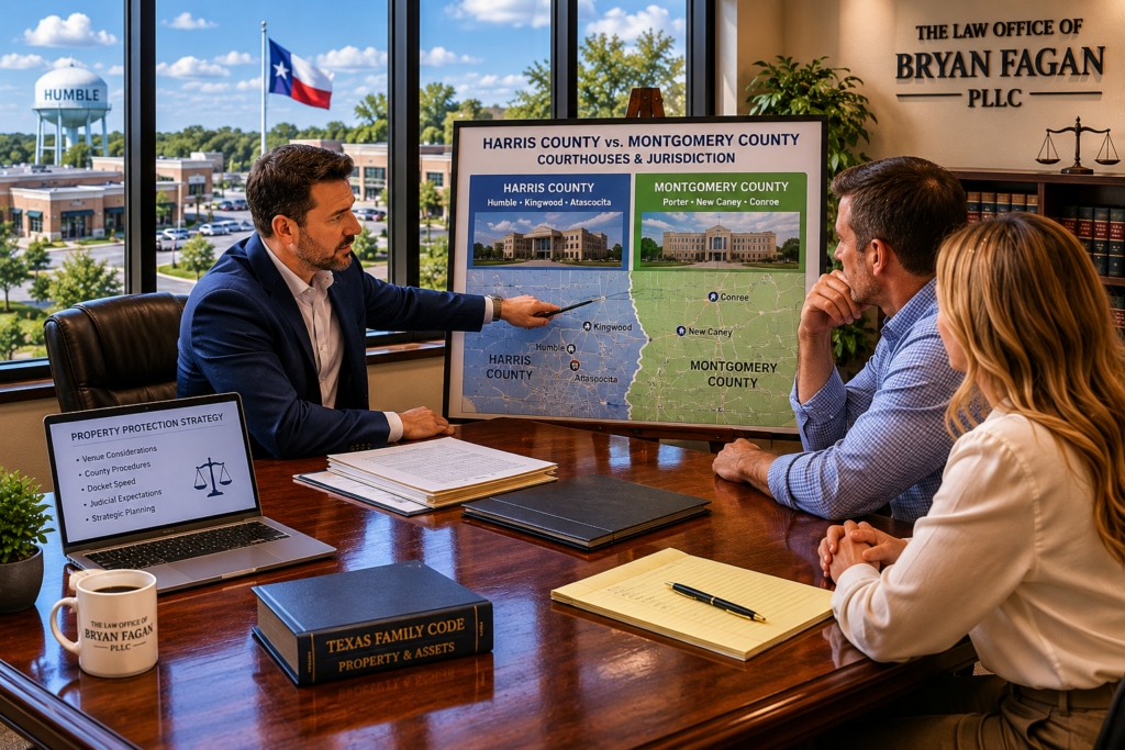Texas family law attorney explaining Harris County and Montgomery County court differences to clients during an asset protection consultation in a modern Humble law office, with jurisdiction maps, legal strategy documents, and a bright cinematic summer atmosphere.