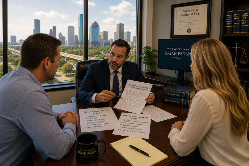 Attorney discussing modification or termination of Texas spousal maintenance with a divorced couple during a legal consultation in a modern Houston office with skyline views and warm summer lighting