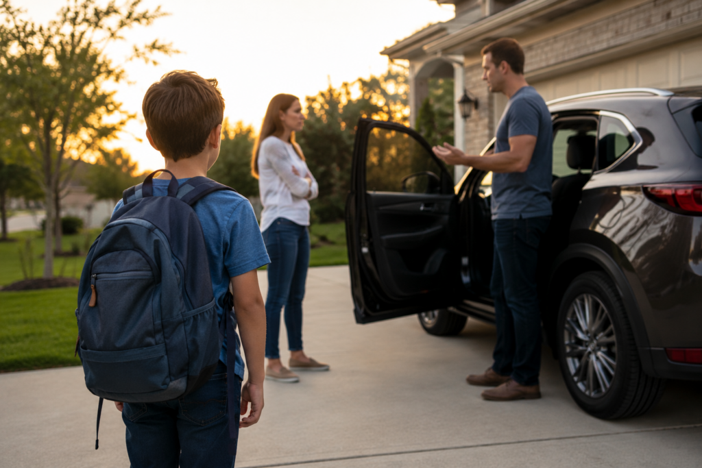 Child watching parents exchange during pickup as part of a parenting time schedule in Dallas Texas