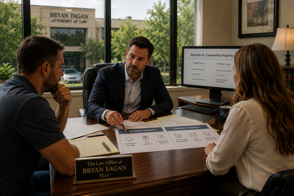 Texas divorce attorney meeting with a couple in a Humble law office to explain separate property versus community property, inheritance tracing, and asset division under Texas family law in a bright cinematic summer setting.