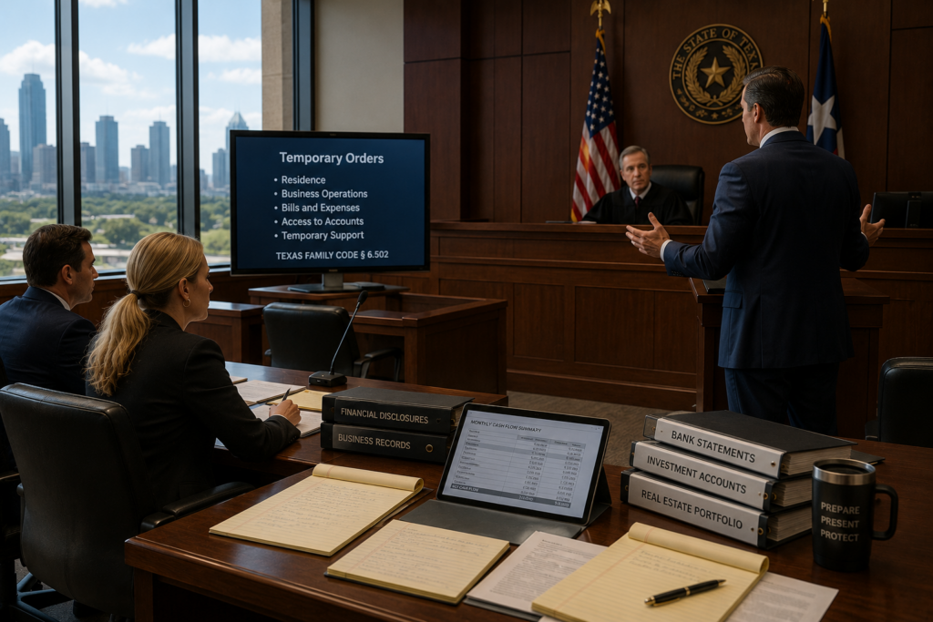 Attorney presenting financial evidence during a Texas temporary orders hearing in a high net worth divorce courtroom with business and asset records displayed