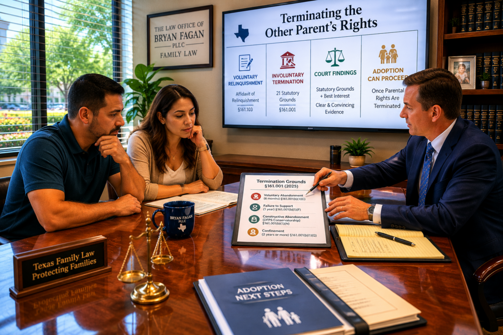 Adoption attorney discussing termination of parental rights with a family during a legal consultation in a Humble Texas law office.