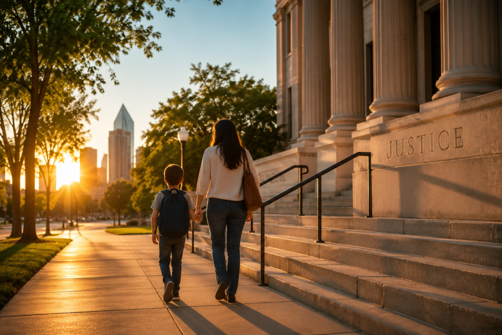 Parent and child walking toward courthouse at sunset symbolizing termination of parental rights in Texas