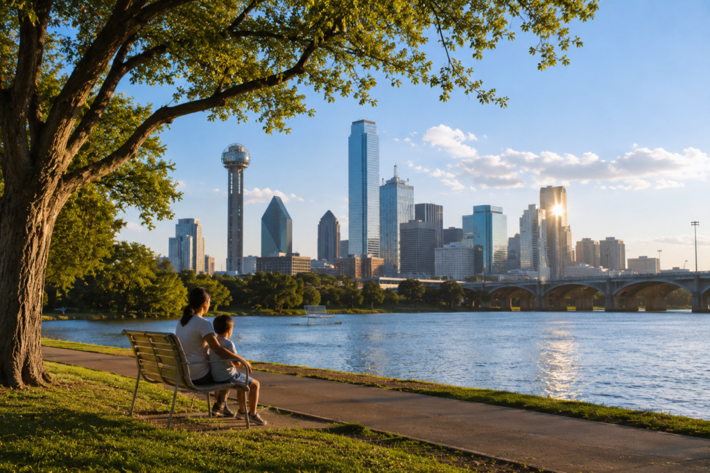 Wide-angle, cinematic summer view of a parent and child sitting on a park bench by a river, overlooking the Dallas skyline at sunset, reflecting the complexity and local procedures of termination of parental rights cases in Dallas County.