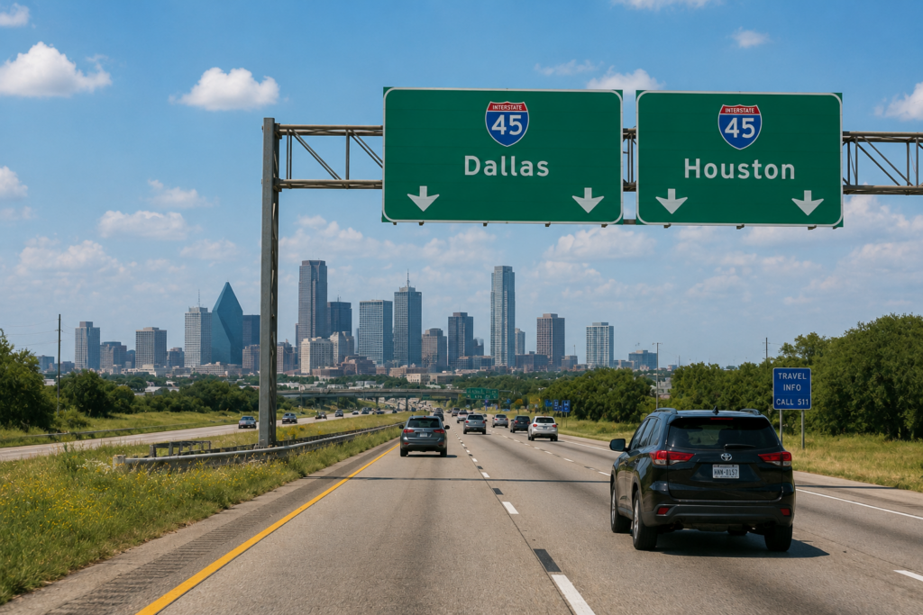 Wide-angle view of highway between Dallas and Houston illustrating long-distance parenting time and the Texas 100-mile rule
