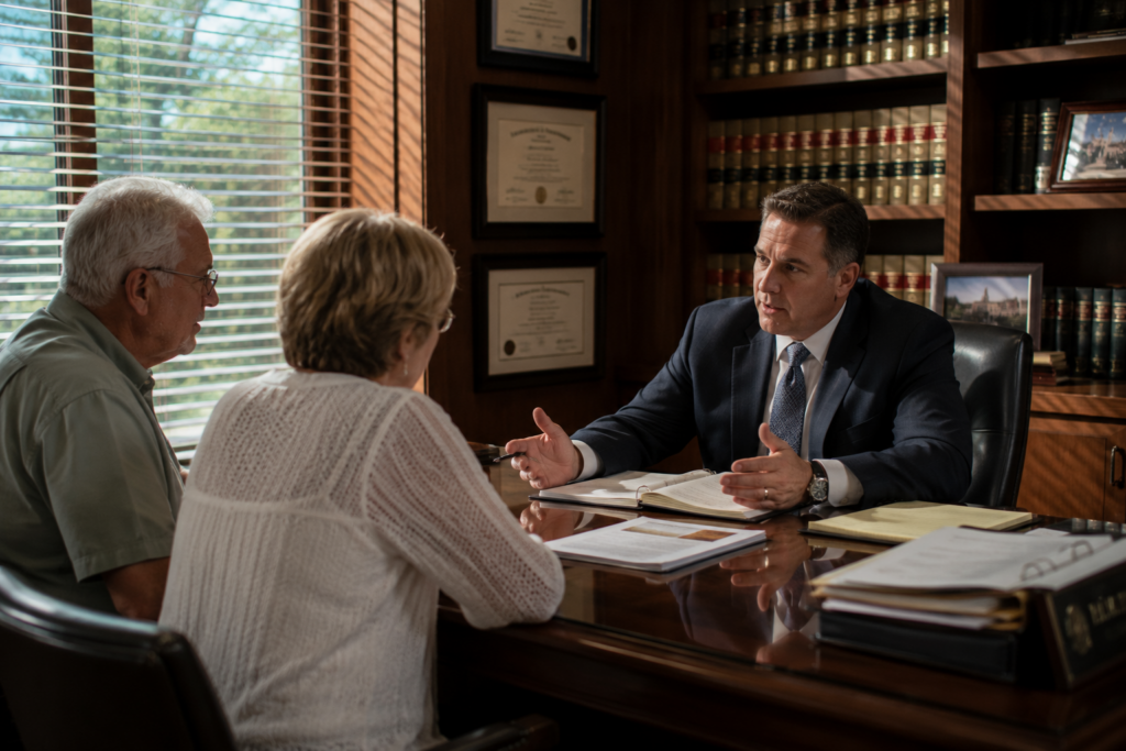 Attorney consulting with grandparents in a law office, representing legal guidance on overcoming the fit-parent presumption in Texas custody cases