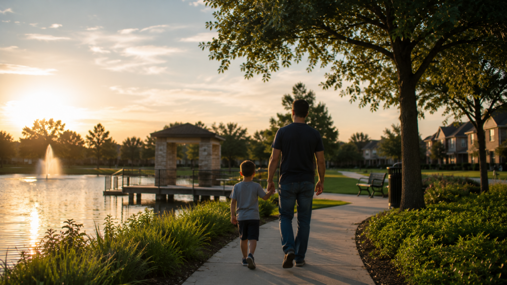 Father walking with his son beside a peaceful suburban lake at sunset representing family stability, child support, and co-parenting in Humble, Texas