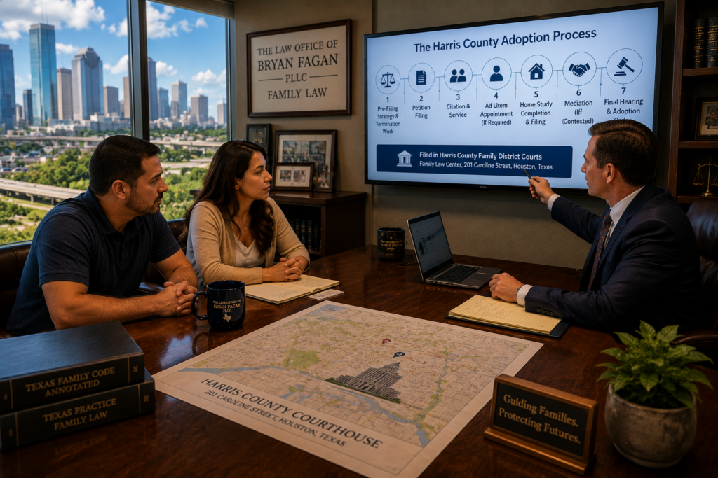 Family meeting with a Harris County adoption attorney discussing the Texas adoption process in a modern Houston law office with skyline views.