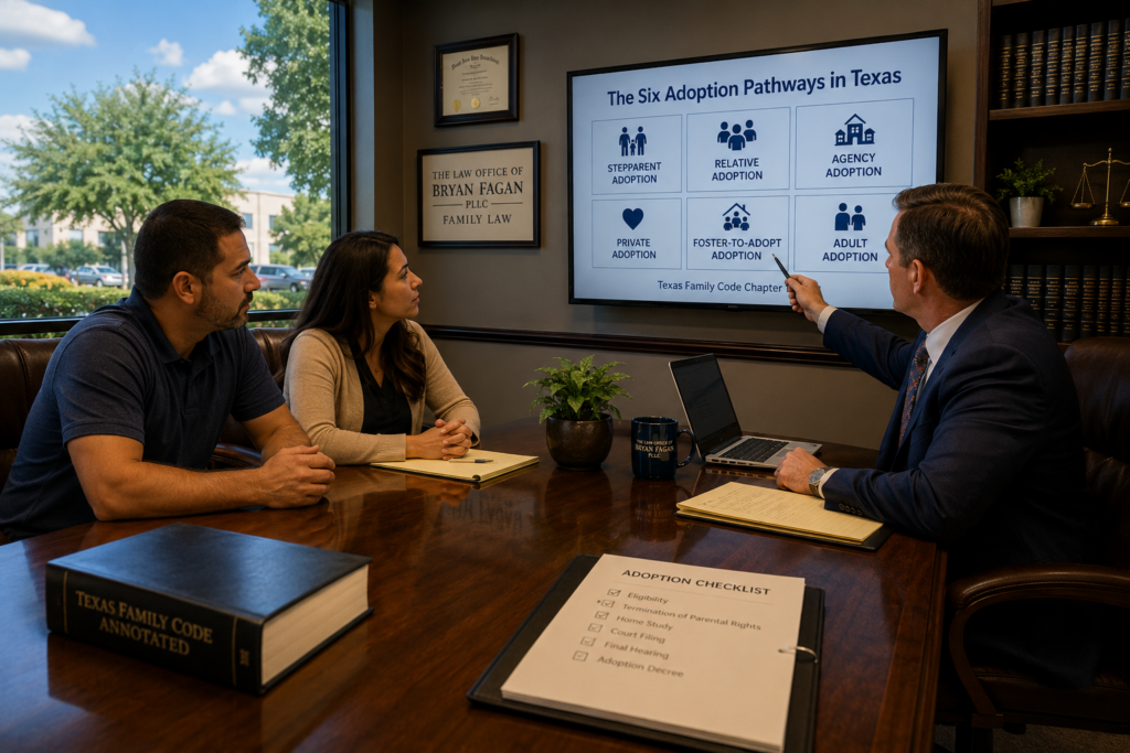 Adoption attorney explaining the six adoption pathways in Texas to a family during a consultation in a Humble Texas law office.
