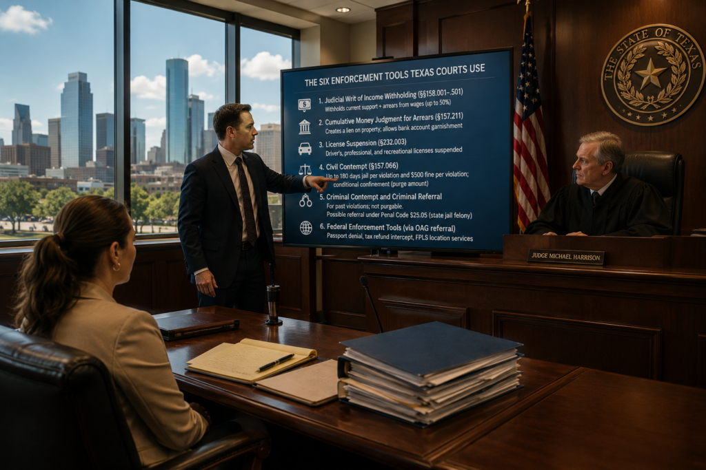 Attorney presenting Texas child support enforcement remedies to a judge during a courtroom hearing in Houston, including wage withholding, license suspension, contempt, liens, and federal enforcement tools displayed on a large screen