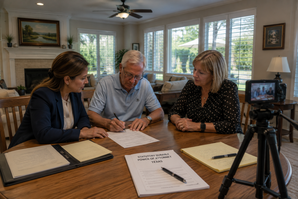 Attorney supervising the signing of a Texas statutory durable power of attorney for an older client with an independent witness present and a video camera recording the incapacity planning session in a bright home setting.