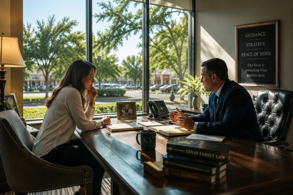 Texas family law attorney discussing annulment deadlines and legal options with a client in a warm, modern Humble office setting.