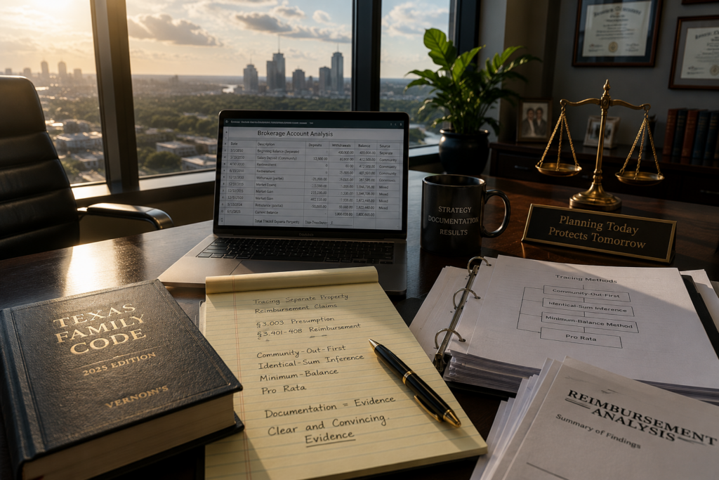 Attorney and forensic accounting workspace with Texas Family Code documents, brokerage tracing analysis, and reimbursement claim files in a high net worth Texas divorce case