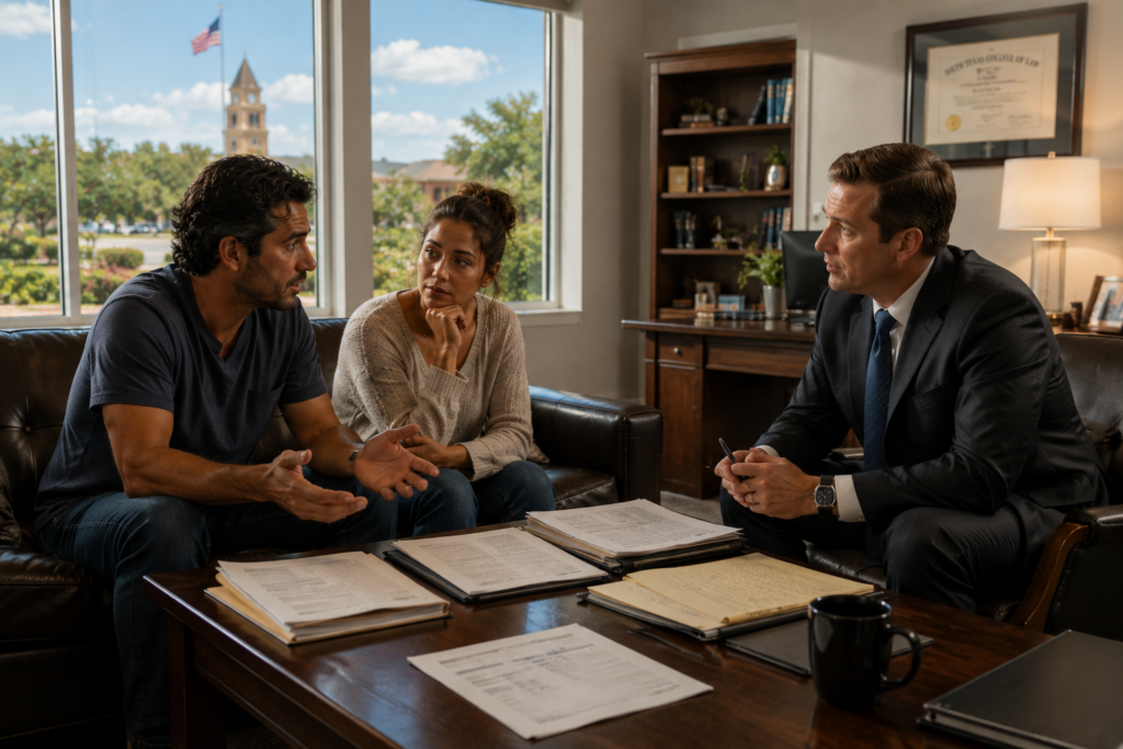 Texas couple meeting with a family law attorney to discuss warning signs that an uncontested divorce may become contested in Humble Texas