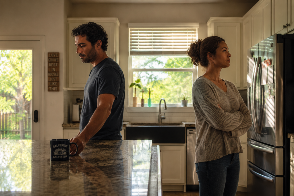 Couple standing silently in a Texas kitchen during an uncontested divorce conversation in Humble Texas