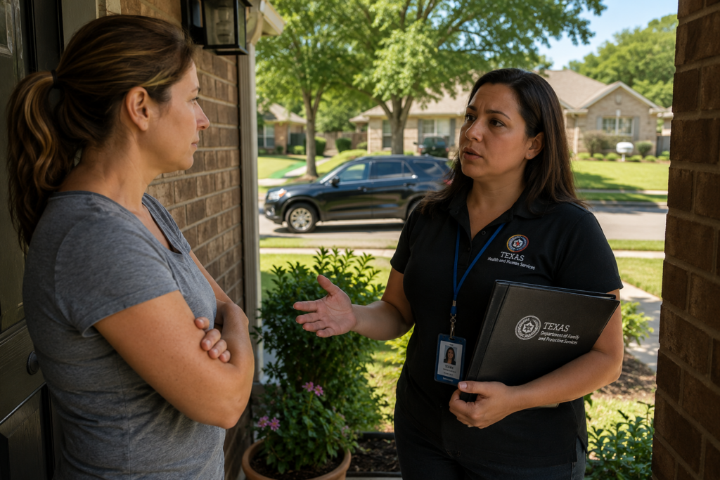 Texas CPS investigator speaking with a parent on the front porch of a suburban Humble, Texas home during a Child Protective Services investigation.