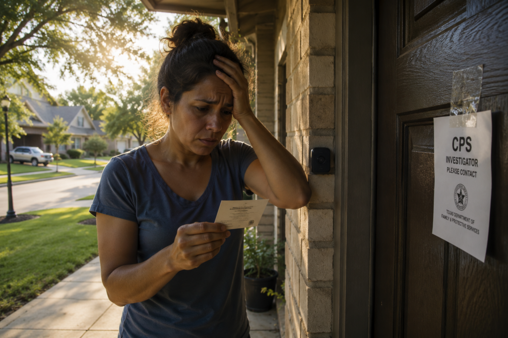 Houston mother reading a CPS investigator notice on her front door while learning her parental rights in Texas