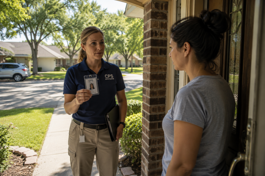 CPS investigator speaking with a Texas mother at her front door during a child protective services investigation on a sunny suburban afternoon