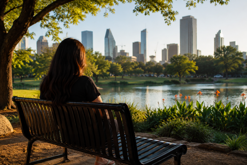 Woman sitting on a park bench overlooking a lake and the Dallas skyline at sunset, representing reflection, safety, and new beginnings