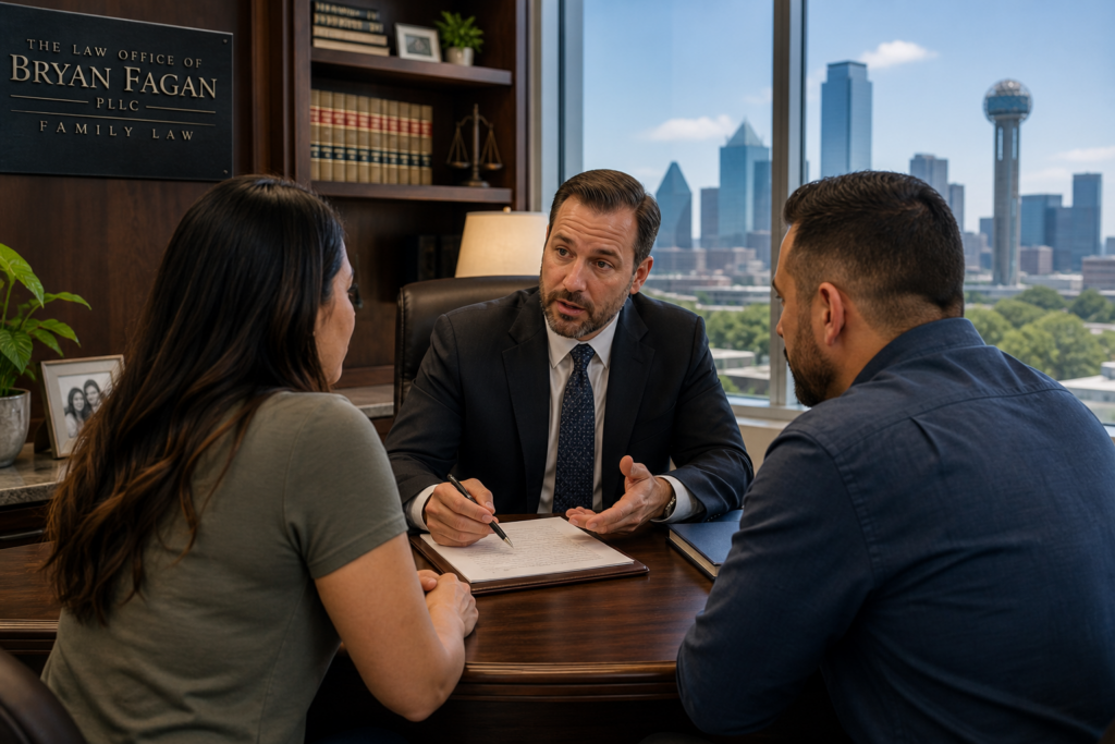 Attorney consulting with parents in Dallas office about CPS case and child custody strategy