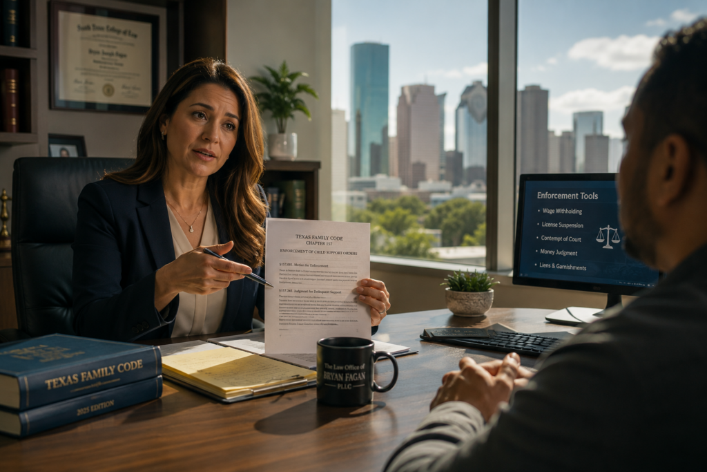 Attorney explaining Texas child support enforcement options to a client during a consultation in a modern Houston law office with city skyline views and legal documents on the desk