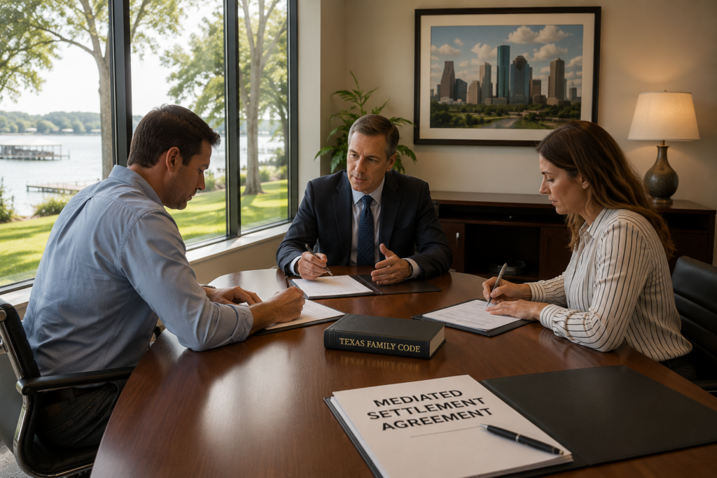 Texas family law mediation session with divorcing parents signing a mediated settlement agreement during a private meeting overlooking Lake Houston in Humble Texas