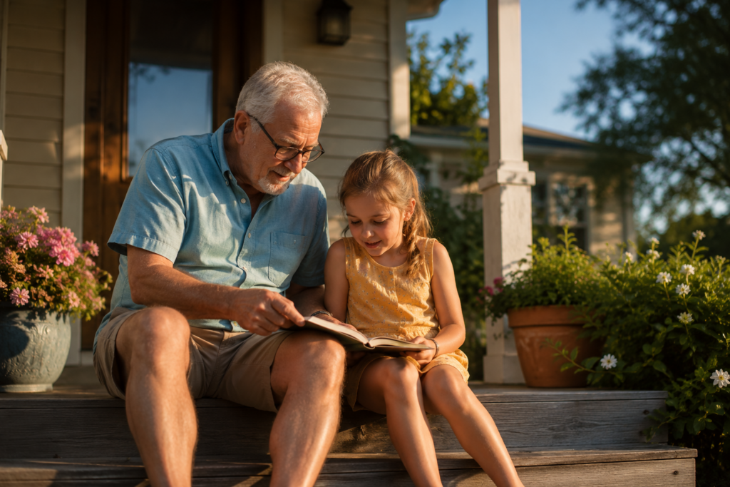 Grandfather reading with grandchild on a sunny porch, representing a strong family bond and the role of grandparents in a child’s life under Texas law