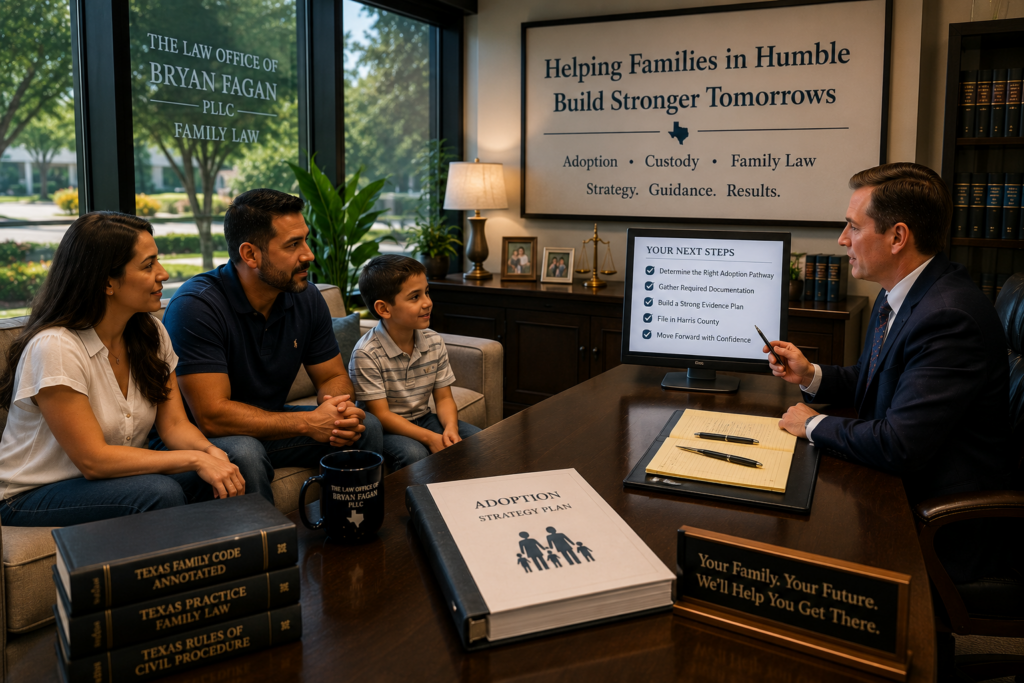 Family meeting with a Texas adoption attorney during a legal strategy consultation in a warm, modern Humble law office.