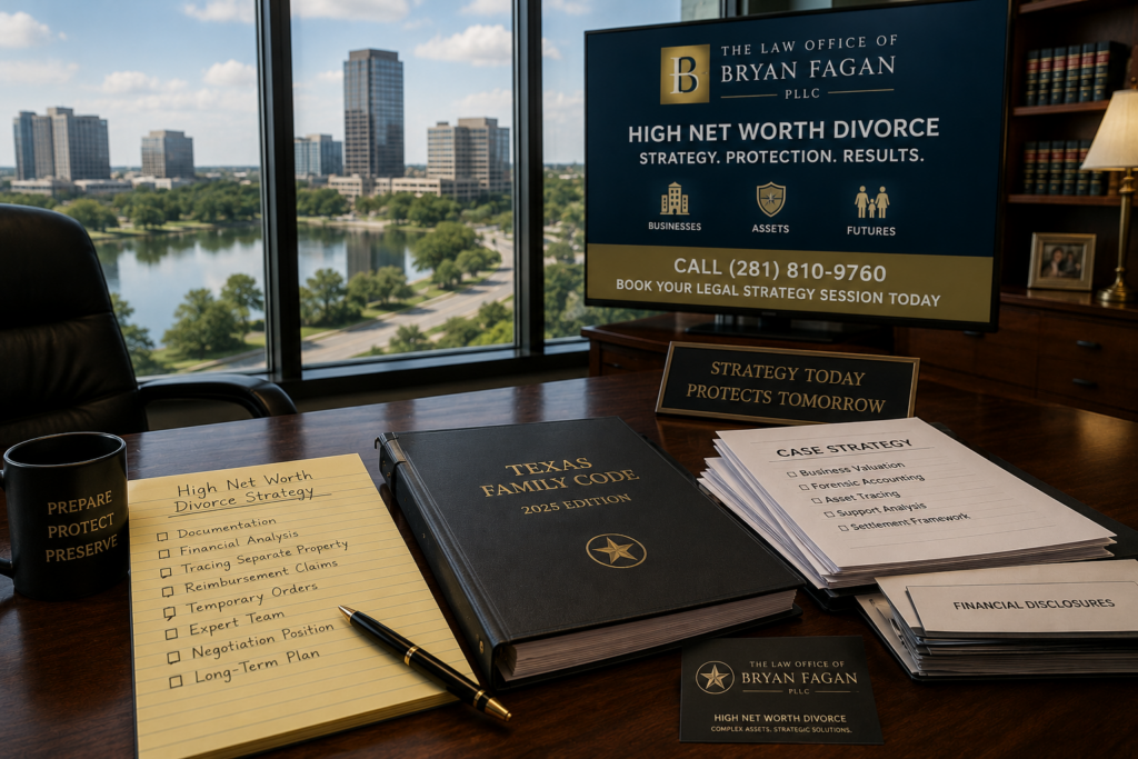 High net worth divorce strategy meeting setup with Texas Family Code documents, financial disclosures, and case preparation materials in a luxury law office overlooking Houston skyline