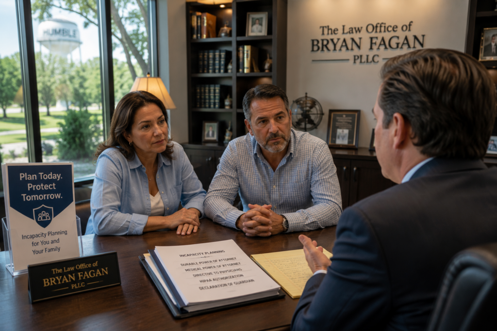 Attorney meeting with a couple in a professional Humble, Texas law office to discuss incapacity planning documents, including durable power of attorney, medical directives, and guardianship planning for family protection and future decision-making.