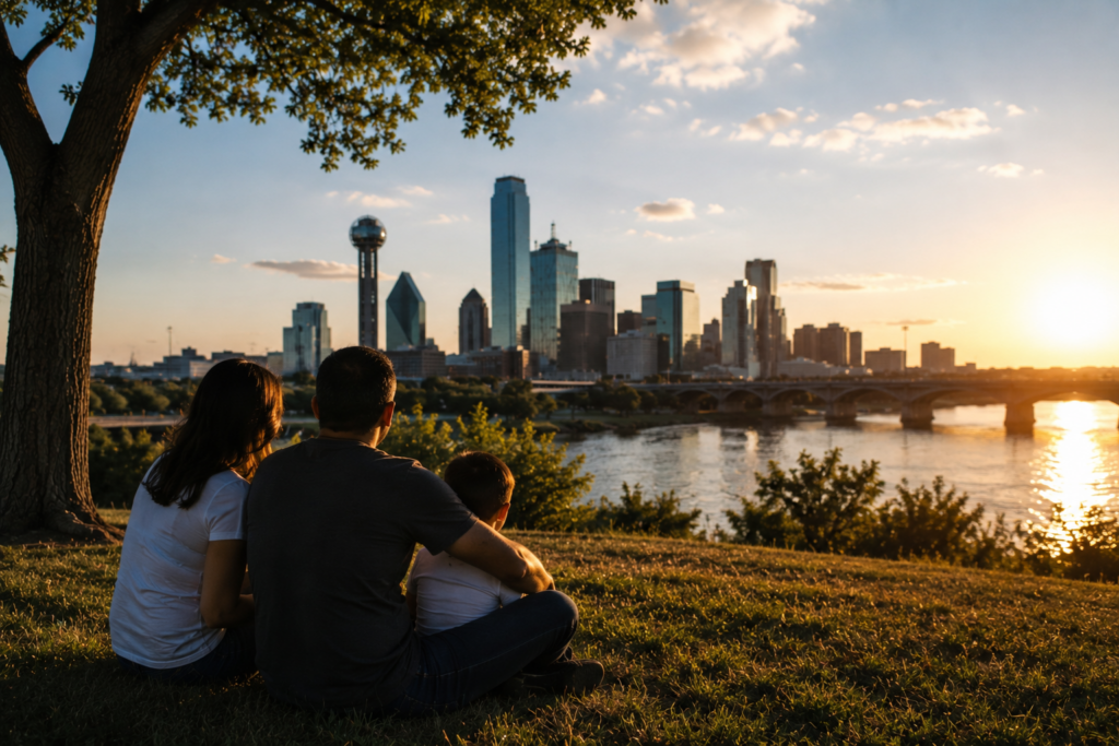 Edit
Wide-angle, cinematic summer scene of a family sitting on a grassy hill overlooking the Dallas skyline at sunset, capturing a reflective moment that conveys urgency, high stakes, and the importance of early decisions in termination of parental rights cases.