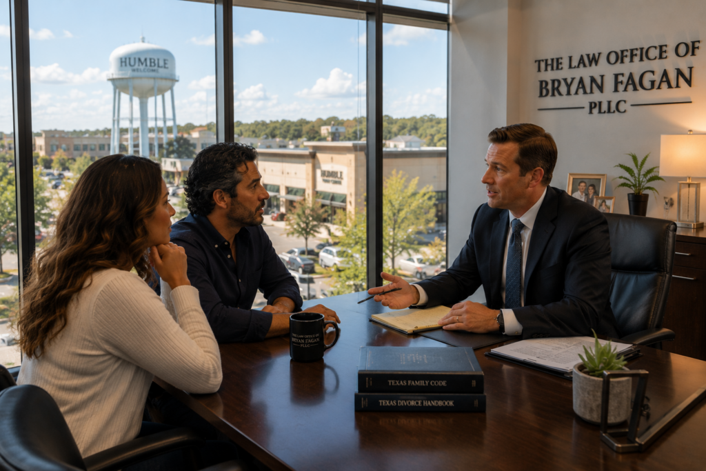 Couple attending a legal strategy session with a Humble Texas family law attorney to determine whether their divorce qualifies as uncontested
