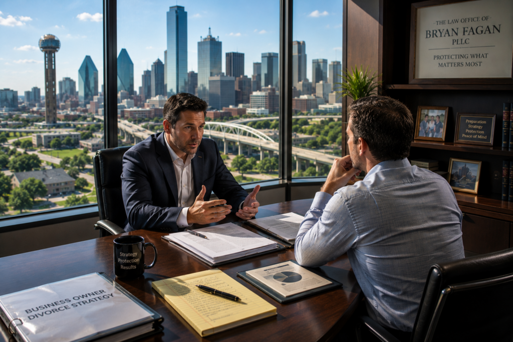 Dallas business owner meeting with divorce attorney to plan legal strategy and protect company assets during consultation