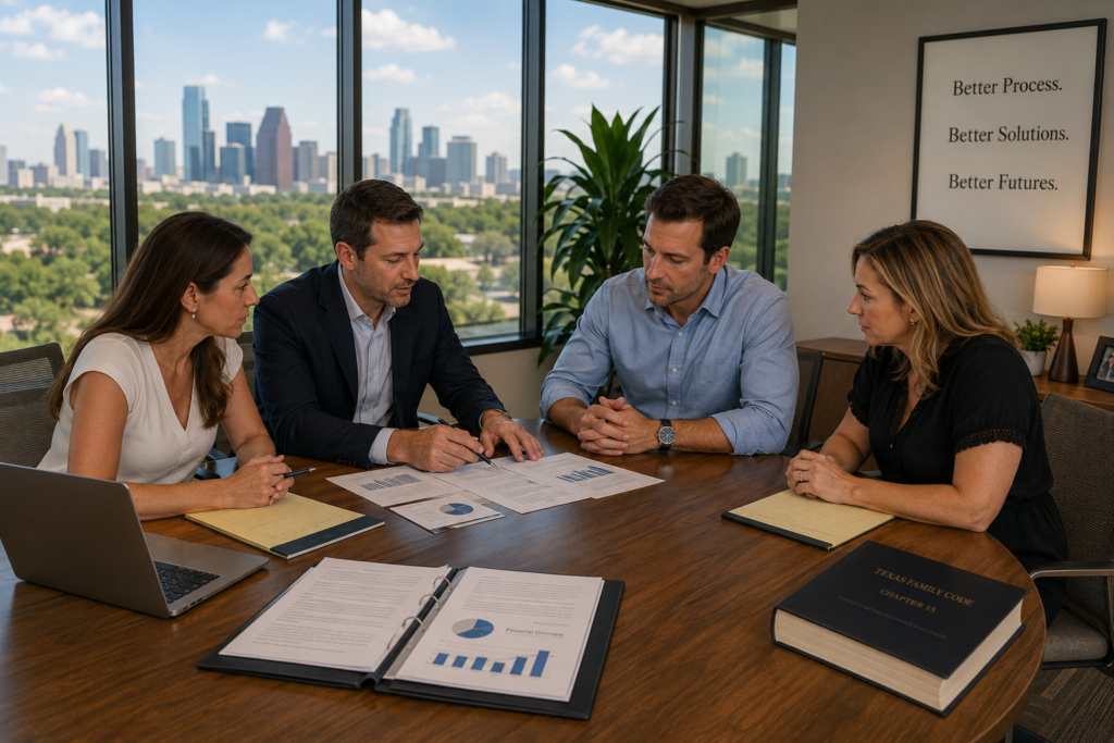 Collaborative divorce professionals and spouses reviewing financial documents together in a modern Texas conference room during a cooperative settlement meeting.