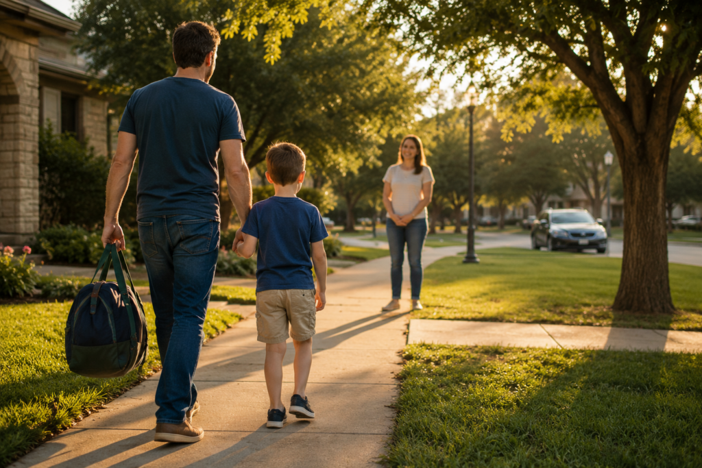 Father and child walking to meet mother during a parenting time exchange in a Dallas neighborhood at sunset