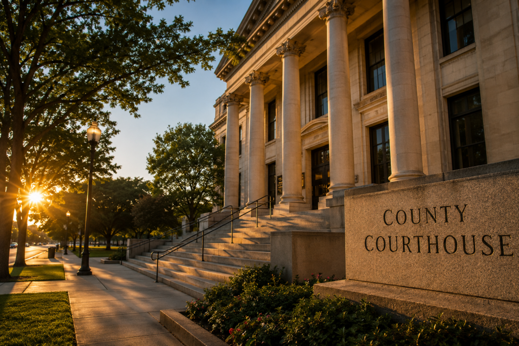 Wide-angle view of Texas courthouse at sunset symbolizing termination of parental rights and the legal process in family court