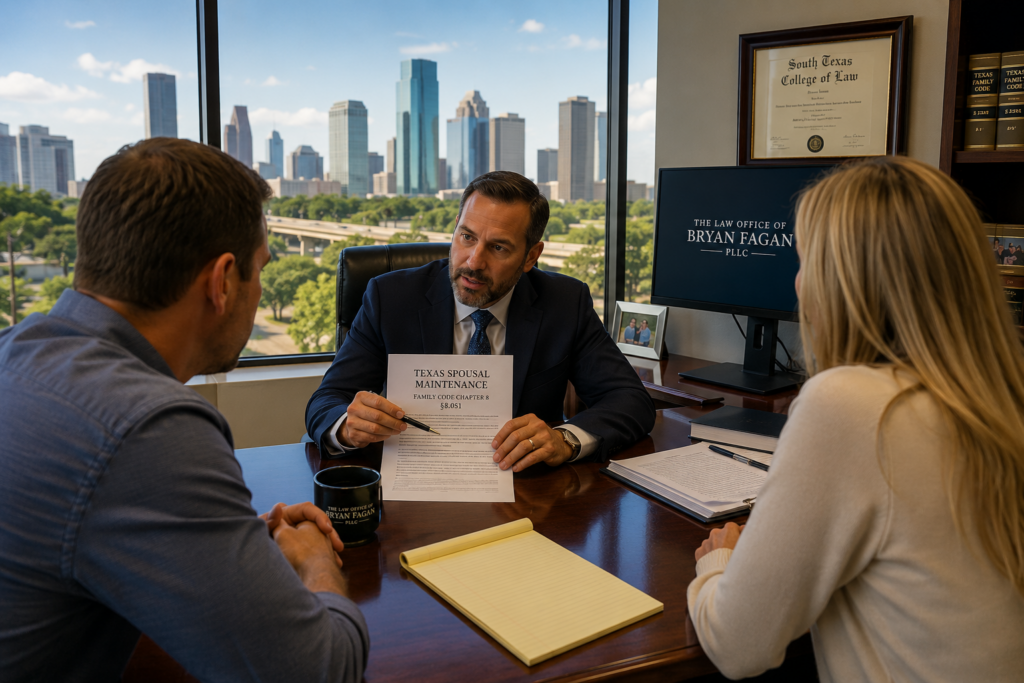 Attorney explaining Texas spousal maintenance laws to a couple during a divorce consultation in a Houston law office with a city skyline view and summer sunlight streaming through the windows