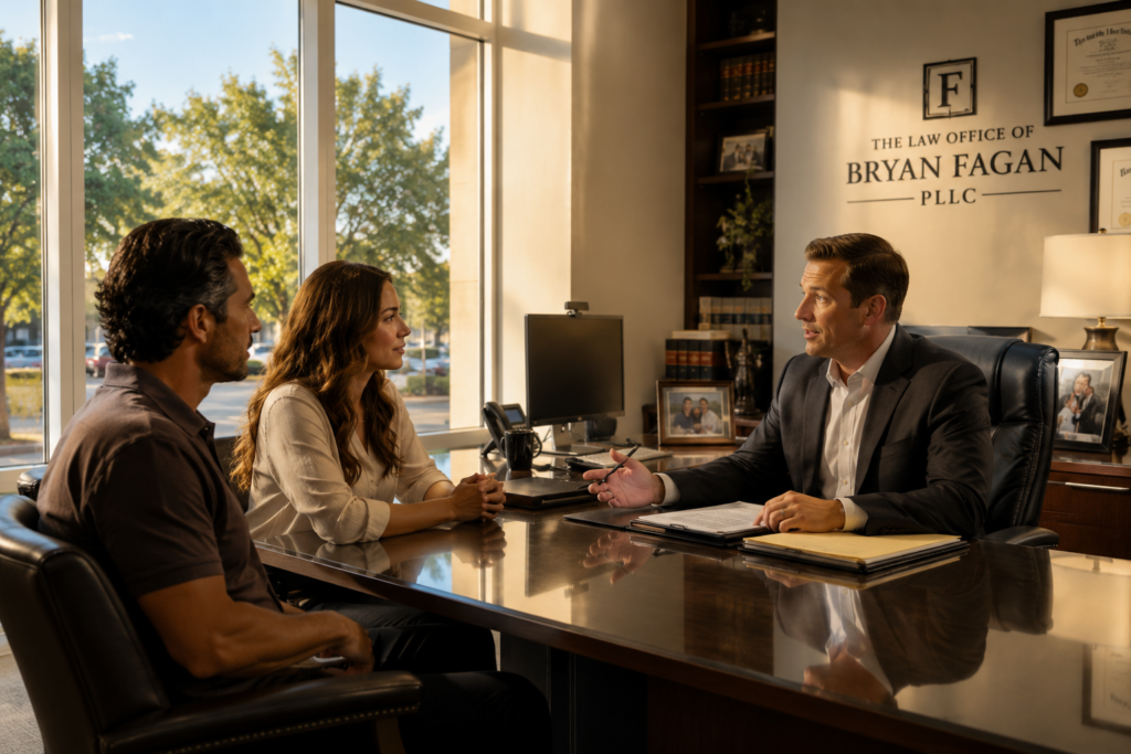 Couple meeting with a Texas family law attorney in a modern office to discuss an uncontested divorce agreement in Humble Texas