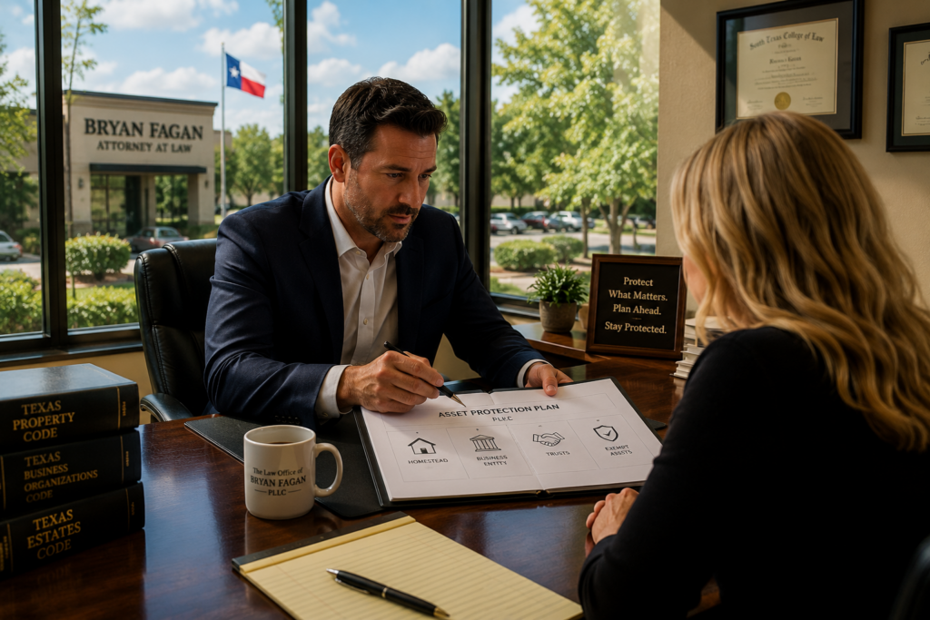 Professional Texas asset protection attorney meeting with a client in a modern Humble law office, reviewing business entities, trusts, homestead protections, and financial planning strategies during a summer afternoon consultation.