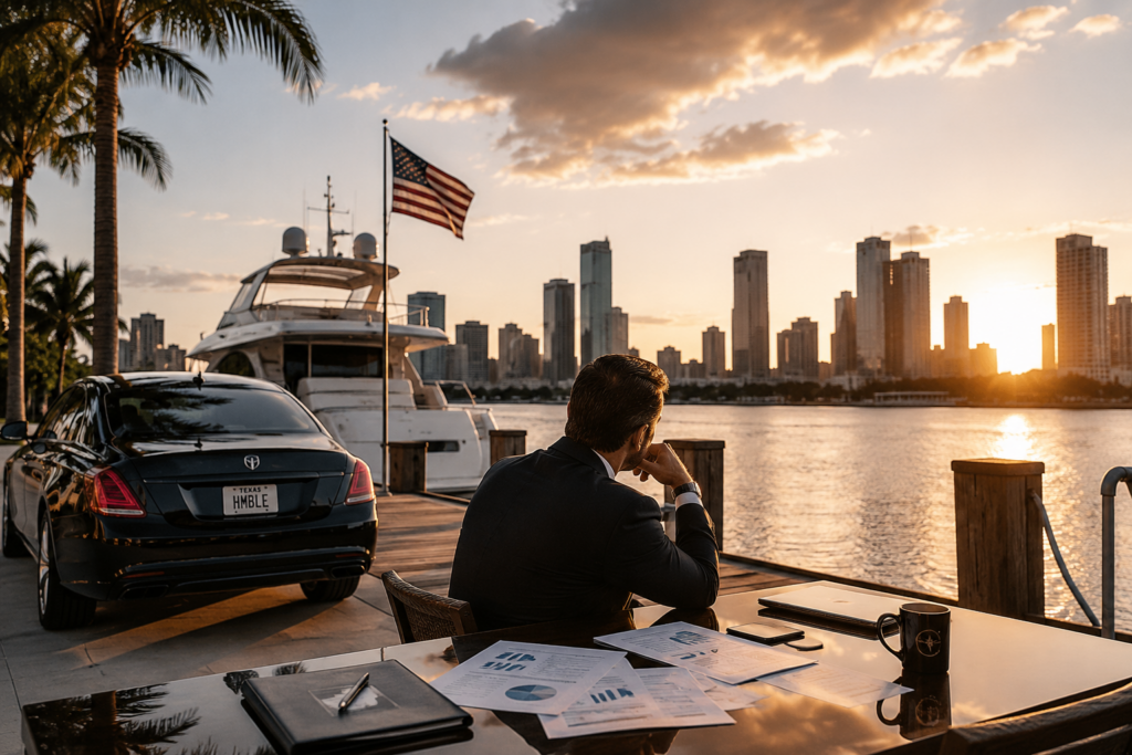 Luxury marina sunset scene with businessman reviewing financial documents beside yacht and luxury car during a high net worth divorce in Texas