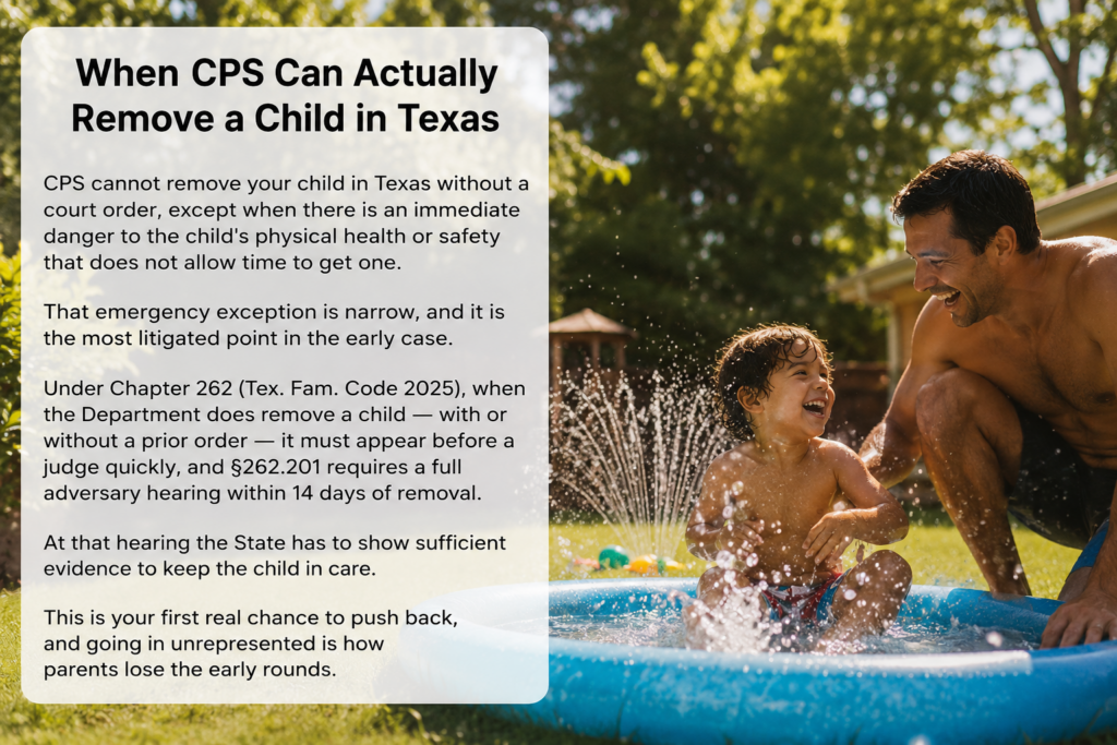 Wide-angle, photorealistic summer scene showing a father and young child laughing and splashing in a backyard inflatable pool under warm sunlight. A large text panel on the left explains when Texas CPS can remove a child, highlighting emergency removals, court requirements, the 14-day adversary hearing, and the importance of legal representation. The image combines family-focused imagery with educational legal information about Texas CPS cases.