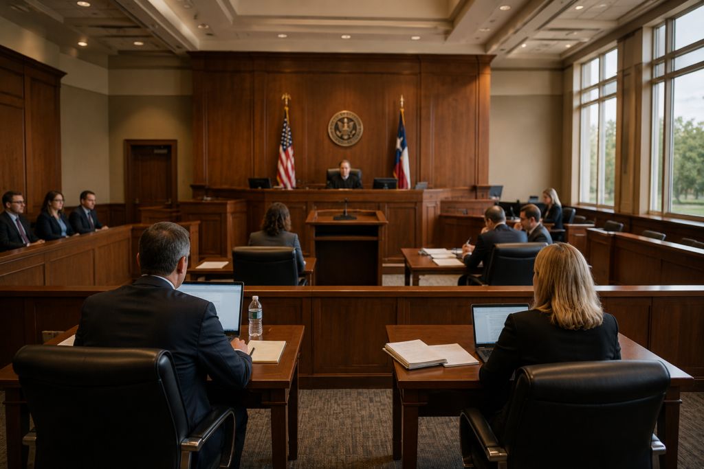 Texas family law courtroom during a contested divorce and custody hearing involving cases where mediation is not appropriate due to conflict, power imbalance, or family violence