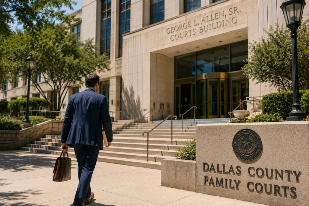 Attorney walking into Dallas County Family Court building to file enforcement action for denied parenting time