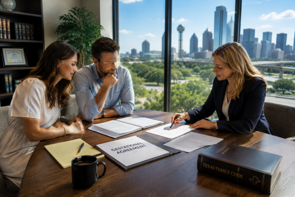 Intended parents consulting a Gestational Agreements attorney in Dallas Texas about legal eligibility and Texas Family Code requirements