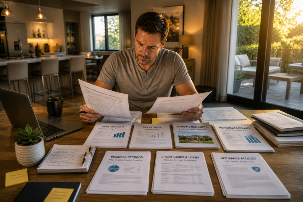 Person reviewing organized financial documents at a table, including bank statements, tax returns, and property records during divorce preparation