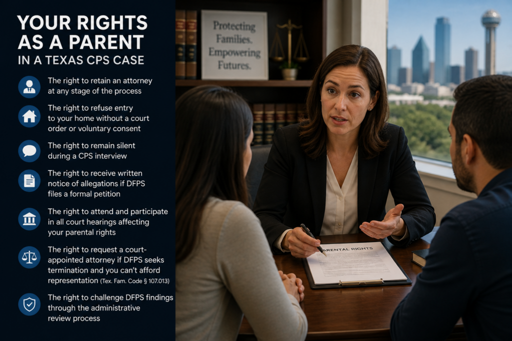 Attorney explaining parental rights to couple during Texas CPS case consultation in Dallas office